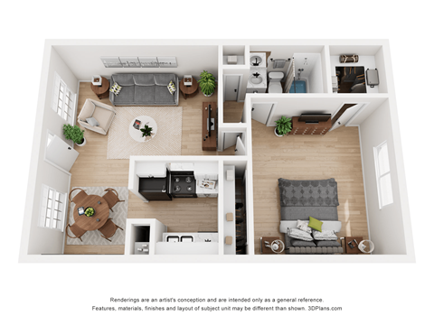 a stylized floor plan with a bedroom and living room